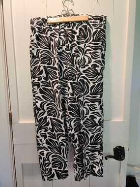 Nicole Miller NY Linen Blend Black & White Tropical Wide Leg Print Pants XL